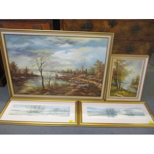 106 - A late 20th century oil on canvas river landscape scene with cottages and trees, unsigned, 61cm x 91... 