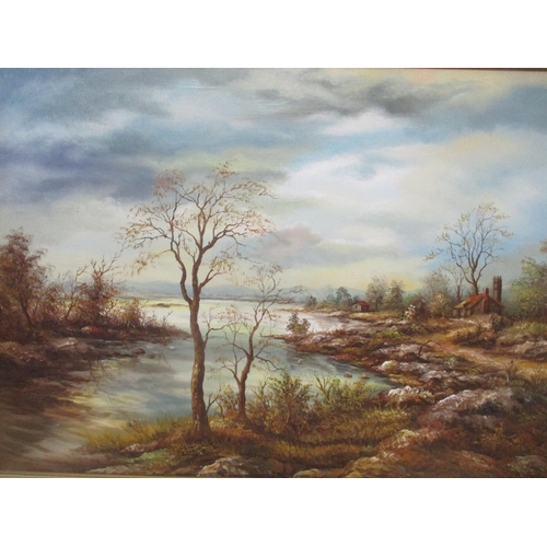 106 - A late 20th century oil on canvas river landscape scene with cottages and trees, unsigned, 61cm x 91... 