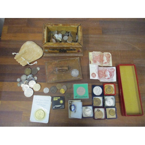 109 - A selection of coinage, banknotes and medals, mostly in a wooden box inscribed Presented to 1853865 ... 