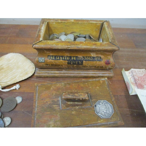 109 - A selection of coinage, banknotes and medals, mostly in a wooden box inscribed Presented to 1853865 ... 