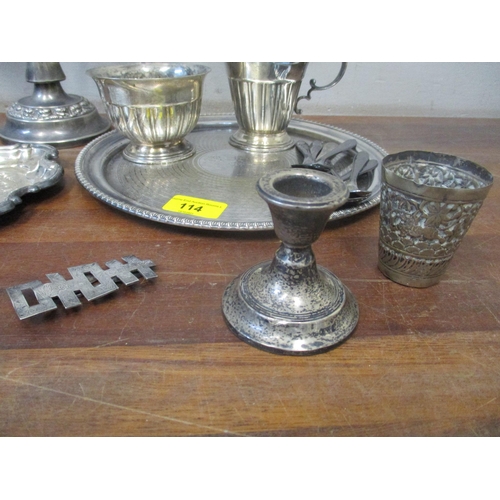 114 - A mixed lot of silver and silver plate to include an Edwardian silver clad dressing table hand mirro... 