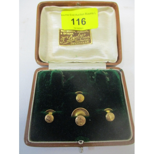 116 - An Edwardian 9ct gold four-piece stud set, in a Lively Inverness box (cufflinks missing). Total weig... 