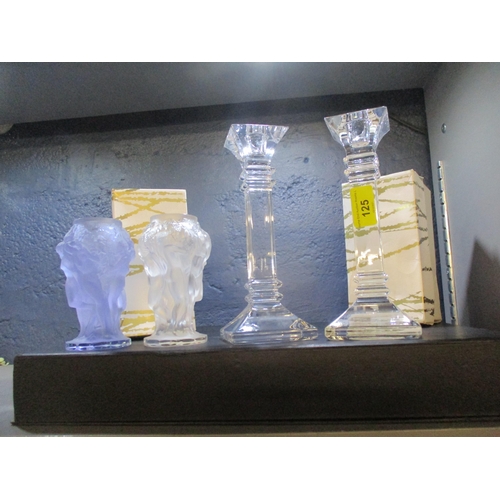 125 - A pair of Waterford Marquis glass square formed candlesticks together with boxed Royal Doulton place... 