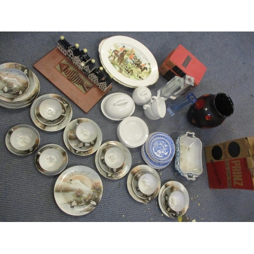 142 - A mixed lot to include a Japanese egg shell part tea set with images of storks, blue and white plate... 