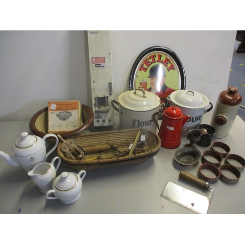 144 - Vintage kitchen and household items to include enamelled storage tins, a 1970's Aspro public toilet ... 