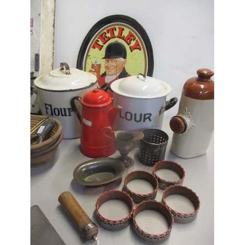 144 - Vintage kitchen and household items to include enamelled storage tins, a 1970's Aspro public toilet ... 