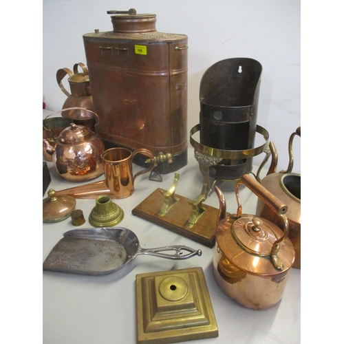 145 - A vintage W.T French & Son Mysto copper hot water dispenser and mixed metalware to include 3 copper ... 