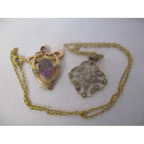 15 - A 9ct gold and seed pearl pendant on a yellow metal necklace, together with a 9ct gold amethyst set ... 
