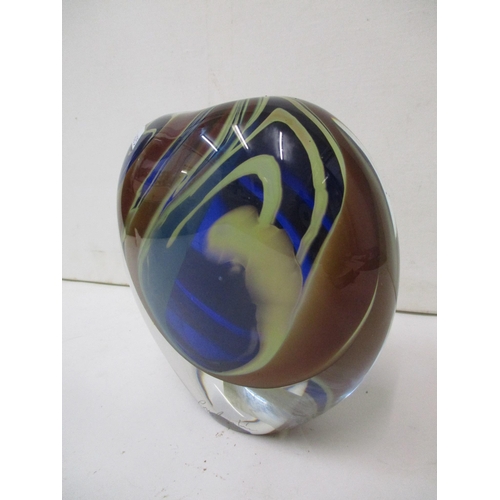 163 - A Peter Layton signed art glass vase of flattened teardrop shape with a multi coloured swirled desig... 