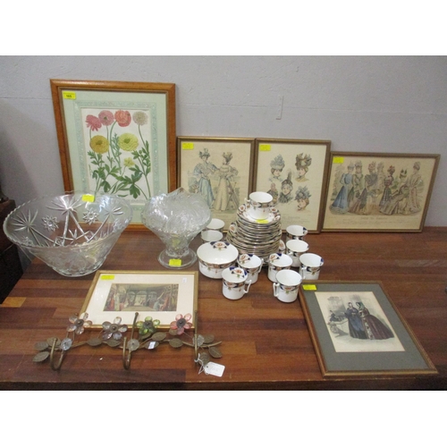 165 - A china tea set, fashion prints, a botanical print and a coat hook
Location: 1.1