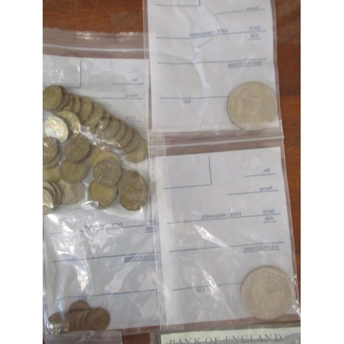 167 - Coins and banknotes to include three £5 notes, a Scottish £1 coin contained in a Victorian walnut je... 
