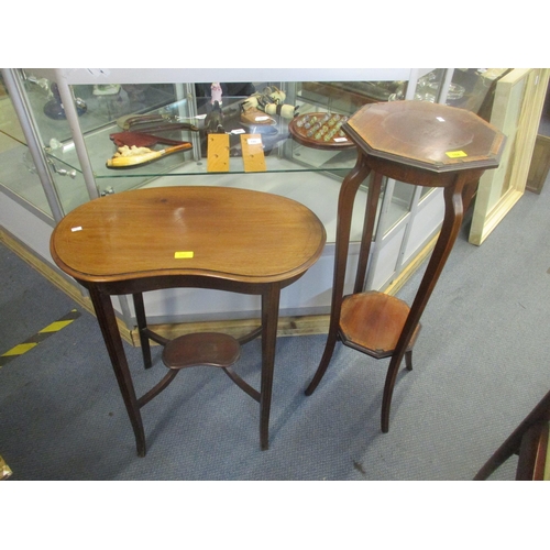 168 - Edwardian inlaid mahogany kidney-shaped two tier table, and plant stand with octagonal shaped top Lo... 