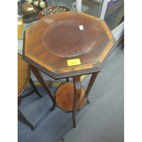 168 - Edwardian inlaid mahogany kidney-shaped two tier table, and plant stand with octagonal shaped top Lo... 