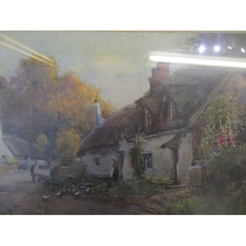 170 - J W Milliken (Exh 1887-1930) - a pair of Victorian rural cottage scenes with figures and ducks outsi... 