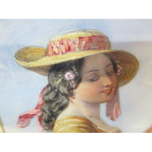 171 - English School 19th century - watercolour study of a young woman wearing a straw hat tied with pink ... 