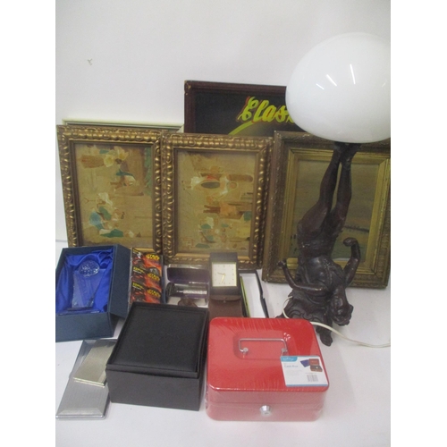 245 - A mixed lot to include travel clocks, a golf trophy, pictures a lamp and other items
Location: G