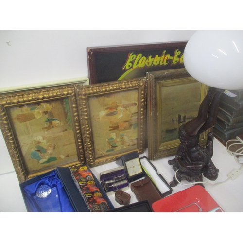 245 - A mixed lot to include travel clocks, a golf trophy, pictures a lamp and other items
Location: G