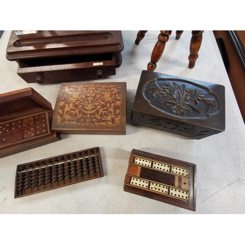 80 - Treen and wooden items to include a mahogany ink stand by Army and Navy C.S.L, cased set of brass in... 