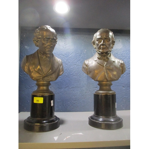 96 - Pair late 19th/early 20th century metal busts of Disraeli and Gladstone, each mounted on ebonized wo... 