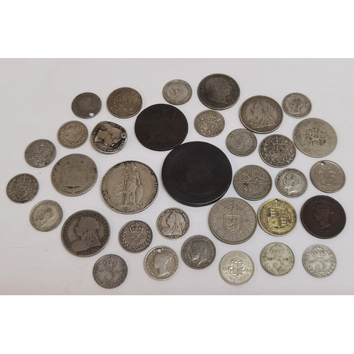 65 - A collection of 18th/19th century British coinage to include a George II 1754 half penny, George III... 