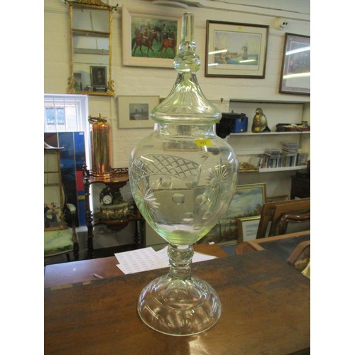 322 - A Continental cut glass chemist's footed jar and cover with a green tint 78cm h Location: BWR