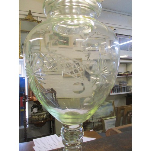 322 - A Continental cut glass chemist's footed jar and cover with a green tint 78cm h Location: BWR