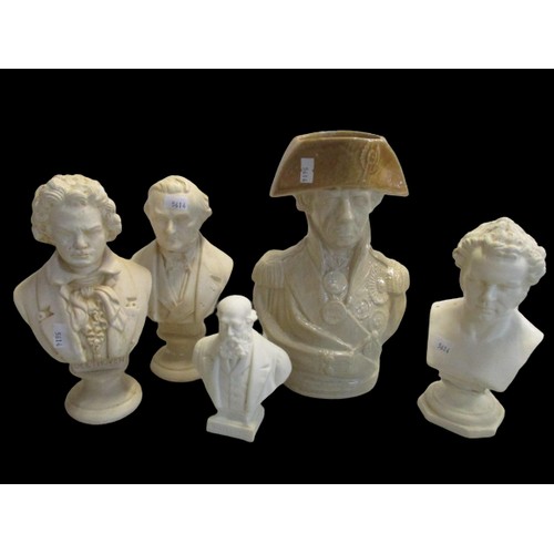 97 - A 19th stoneware character jug of Lord Nelson, and four other parian and plaster busts of Lord Salis... 
