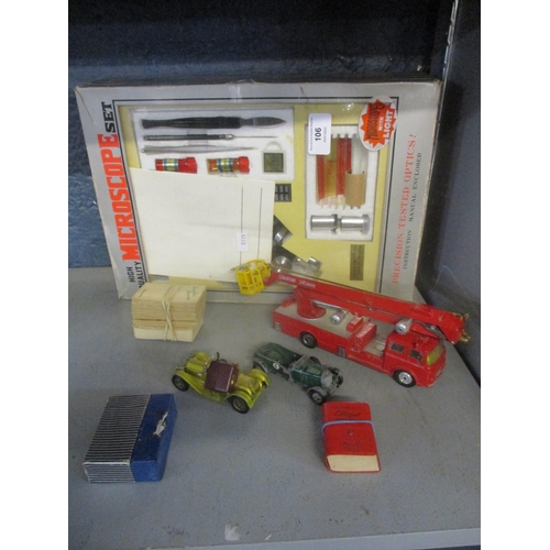 106 - A boxed microscope set, Corgi Major Toys snorkel fire engine, and other items
Location: 5:4