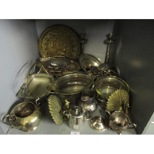 116 - A mixed lot of mainly silver plated items to include a pair of candlesticks, tureen, cutlery and oth... 