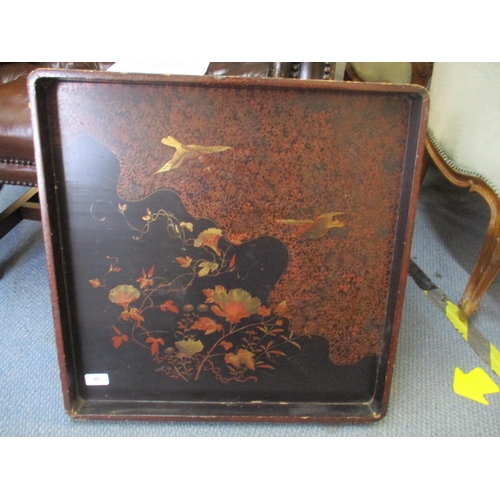 84 - A large square formed papermache tray in black and red depicting images of birds and flora 
Location... 