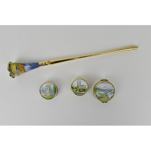 171 - A small collection of Moorcroft Enamels Ltd pill boxes, to include two architectural ones by Stephen... 