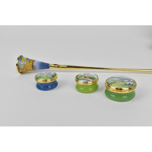 171 - A small collection of Moorcroft Enamels Ltd pill boxes, to include two architectural ones by Stephen... 