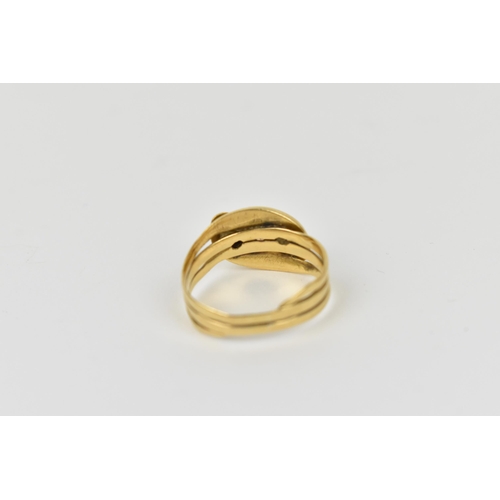 175 - An 18ct yellow gold and diamond double snake ring, modelled as two entwined serpents, each head inse... 