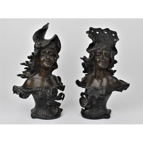 176 - A pair of late 19th century spelter busts by Franz Iffland (German, 1866-1935), modelled as allegori... 