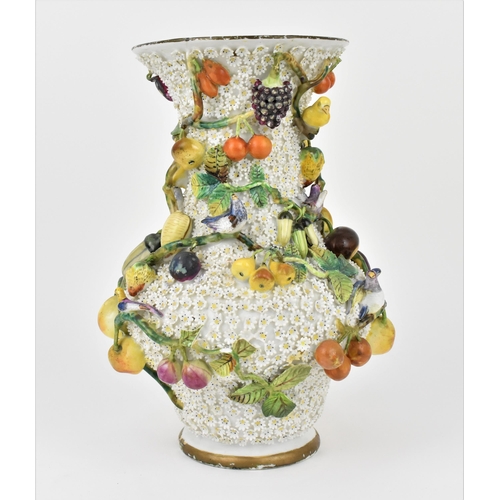 178 - A 19th century French Schneeballen baluster vase, modelled as birds on ramping fruit vines with diff... 