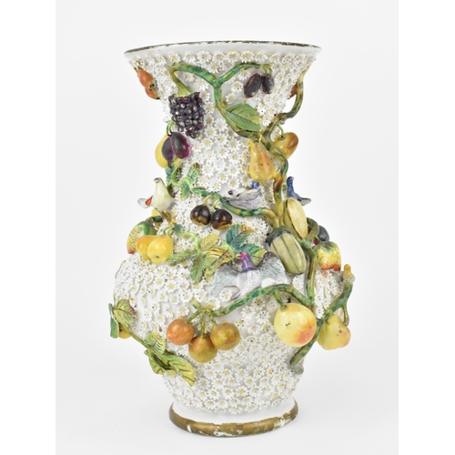 178 - A 19th century French Schneeballen baluster vase, modelled as birds on ramping fruit vines with diff... 