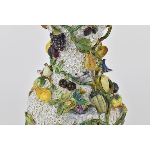 178 - A 19th century French Schneeballen baluster vase, modelled as birds on ramping fruit vines with diff... 
