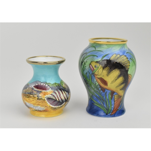 131 - Two Moorcroft Enamels Ltd miniature vases designed by P. Gibson, both with underwater designs, to in... 