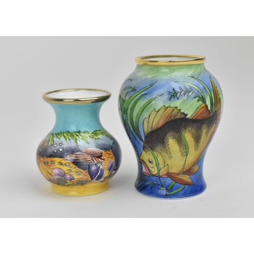 131 - Two Moorcroft Enamels Ltd miniature vases designed by P. Gibson, both with underwater designs, to in... 