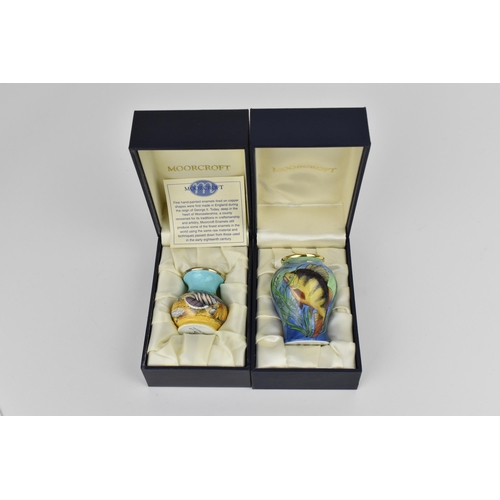 131 - Two Moorcroft Enamels Ltd miniature vases designed by P. Gibson, both with underwater designs, to in... 
