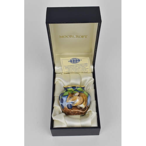 133 - A Moorcroft Enamels Ltd miniature vase, of squat form designed with dormice eating blackberries, art... 