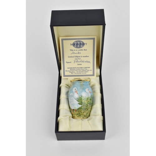 138 - A limited edition Moorcroft enamels Ltd miniature baluster vase by Terry Halloran, in the 'Ducks' pa... 