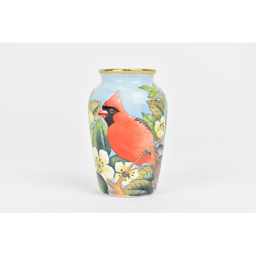 140 - A limited edition Moorcroft Enamels Ltd miniature vase of baluster form, with 'American Red Cardinal... 