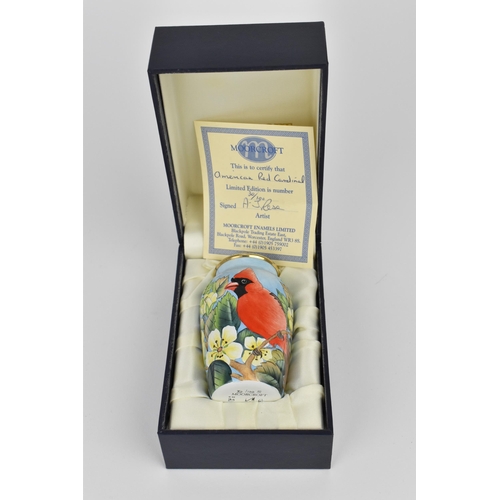 140 - A limited edition Moorcroft Enamels Ltd miniature vase of baluster form, with 'American Red Cardinal... 