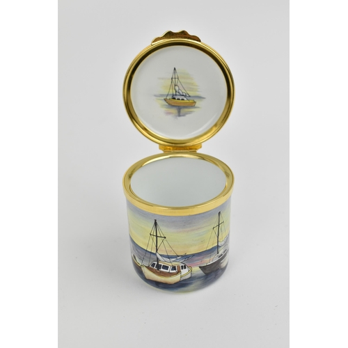 154 - A Moorcroft Enamels Ltd box with hinged lid, the nautical pattern with boats in a harbour, designer'... 