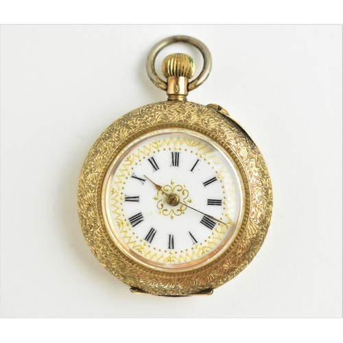 69 - A late 19th/early 20th century ladies manual wind 14k cased fob pocket watch, having a white enamel ... 