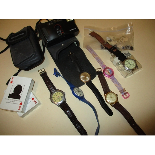 57 - A mixed lot to include a watercolour set, brushes, a Victorian mirror, two treen bugs, two cameras a... 