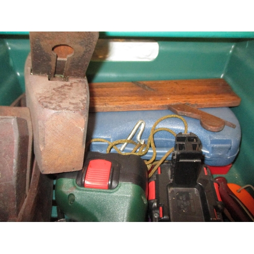 65 - A quantity of hand tools to include box planes, an electric jig-saw, a portable radio and a 12 volt ... 