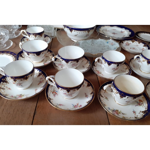 74 - Late Victorian/early Edwardian tea cups, saucers, plate and sugar bowl having a white ground with bl... 