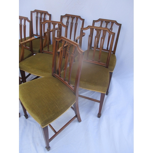 86 - A set of eight Frank Hudson mahogany framed dining chairs with pierced splats, overstuffed seats, H-... 
